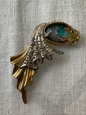 Gold-Tone Fish Brooch with Blue Opal Accent and Clear Crystals